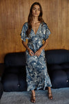 Floral Print Tie-Back Midi Dress in Midnight Blue