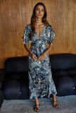 Floral Print Tie-Back Midi Dress in Midnight Blue