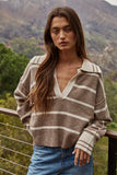 Knit Striped Sweater with V-Neck Collar in Mocha Oatmeal
