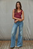 Knit Seamless Ribbed Tank Top with Lace Trim in Cabernet Red