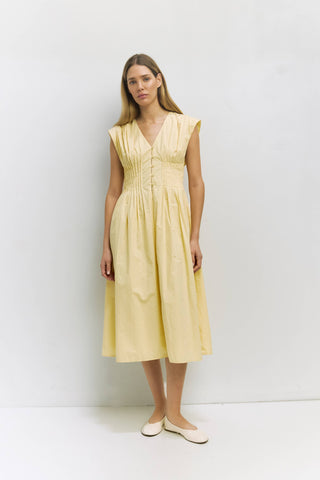 butter yellow pleated dress Marnie Butter Yellow Pleated Satin Midi Dress XXS / 0