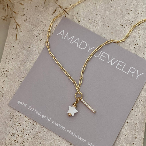 18K Gold Filled Bar & Shell Star Charm Necklace