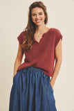 Slub Knit Sweater Top with Split Neck in Marsala