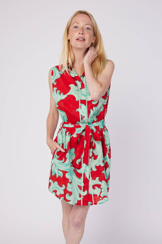 Sleeveless Shirt Dress with Baroque Motif in Red & Seafoam