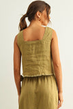 100% Linen Raw Hem Wide-Strap Tank Top in Olive