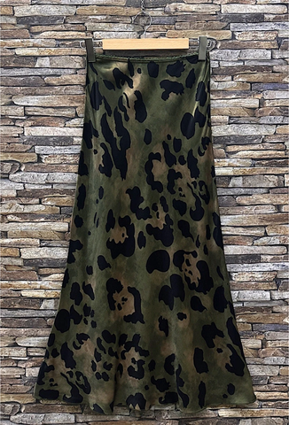 Leopard Satin Midi Skirt with Lace Trim in Olive