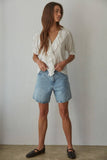 100% Woven Cotton V-Neck Blouse with Ruffle Detail in Off White