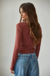 Knit Ribbed Side Ruching Long Sleeve in Burgundy