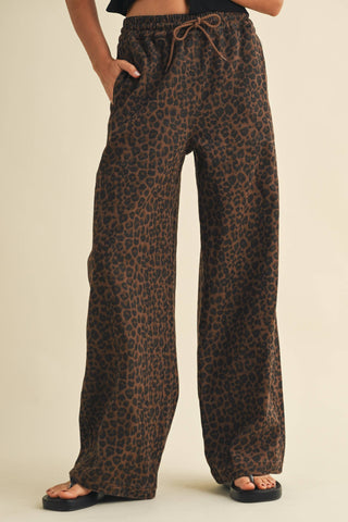 Leopard Print Wide Leg Denim Track Pants