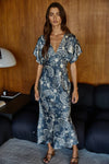Floral Print Tie-Back Midi Dress in Midnight Blue