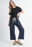 Wide Leg Cotton Twill Utility Pants with Drawstring in Navy