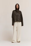 High Collar Snap Buttons Up Vegan Leather Jacket