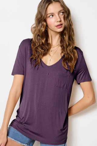 Short Sleeve Basic Top with Front Pocket in Eggplant