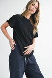 Wide Leg Cotton Twill Utility Pants with Drawstring in Navy