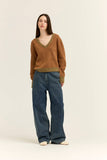 Striped V-Neck Sweater in Camel Orange