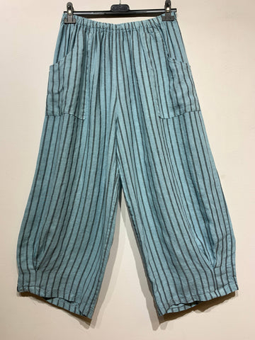 100% Linen Striped Trousers in Water Green