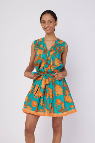 Turquoise & Orange Sleeveless Dress with Tropical Shell Print