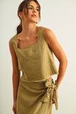 100% Linen Raw Hem Wide-Strap Tank Top in Olive