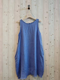 100% Linen Dress with Fringe Bottom in Blue