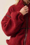 Sherpa Fleece Zip-Up Jacket with Vegan Leather Trim in Dark Cherry