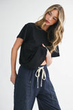 Wide Leg Cotton Twill Utility Pants with Drawstring in Navy