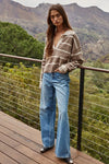 Knit Striped Sweater with V-Neck Collar in Mocha Oatmeal