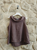 100% Linen Sleeveless Top with Boat Neckline in Brown