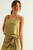 100% Linen Raw Hem Wide-Strap Tank Top in Olive