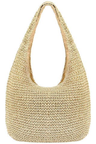 Crochet Woven Rattan Straw Wicker Hobo Bag: Beige