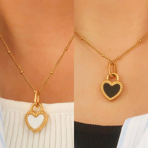 Non-Tarnish Double-Sided Black & White Heart Necklace