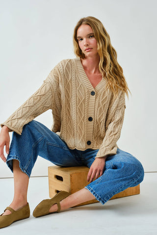 Oversized Washed Cable Cardigan in Taupe