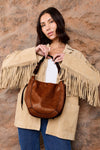 Paneled Hobo Bag with Twisted Handle & Long Strap in Brown