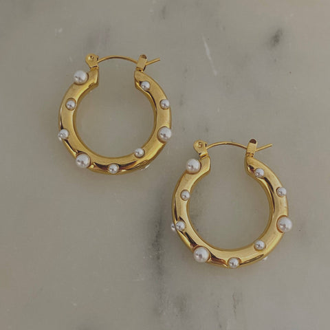 18K Gold Plated Over Stainless Steel Hoop Earrings with Pearls