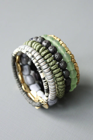 Dalmatian Jasper, Vulcanite, Magnesite, Blue Goldstone, Glass, Wood, & Lava Bead Wrap Bracelet