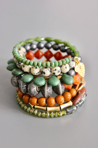 Jade, Jasper, Magnesite, Porcelain, Glass, & Brass Wrap Bracelet
