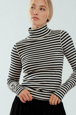 Striped Long Sleeve Turtleneck Top in Ivory & Black