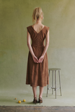 Ruched Waist Flare Suede Midi Dress in Mocha
