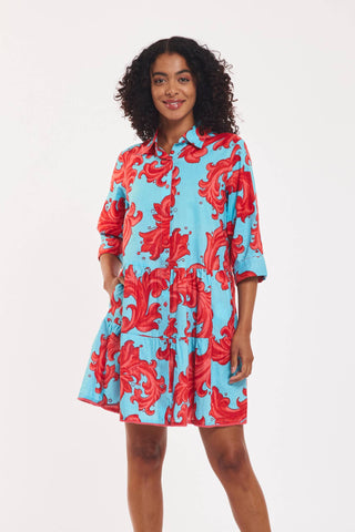 Three-Quarter Sleeve Dress with Baroque Swirls in Blue & Red