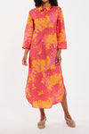 Maxi Caftan Shirt Dress with Orange & Fuchsia Coral Print