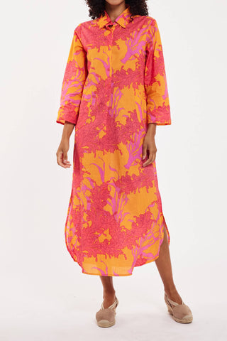 Maxi Caftan Shirt Dress with Orange & Fuchsia Coral Print