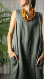 100% Linen Dress with Fringe Bottom in Blue