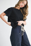 Wide Leg Cotton Twill Utility Pants with Drawstring in Navy