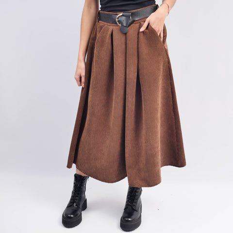 Corduroy Skirt with Belt in Brown