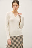 Ribbed V-Neck Long Sleeve in Oatmeal