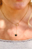 18K Gold PVD Coated Lariat Necklace with Black Heart in Gold