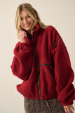 Sherpa Fleece Zip-Up Jacket with Vegan Leather Trim in Dark Cherry