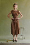 Ruched Waist Flare Suede Midi Dress in Mocha