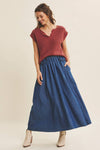Slub Knit Sweater Top with Split Neck in Marsala