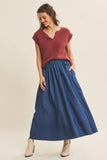 Slub Knit Sweater Top with Split Neck in Marsala