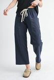 Wide Leg Cotton Twill Utility Pants with Drawstring in Navy
